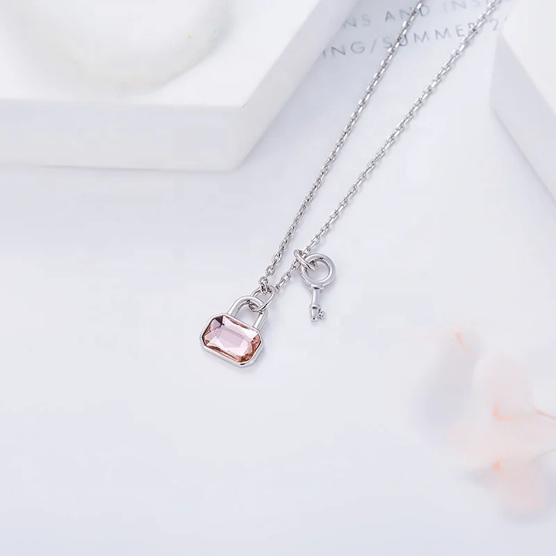 CDE Silver 925 Sterling Silver Pink Austrian Crystal Lock And Key Necklace For Women