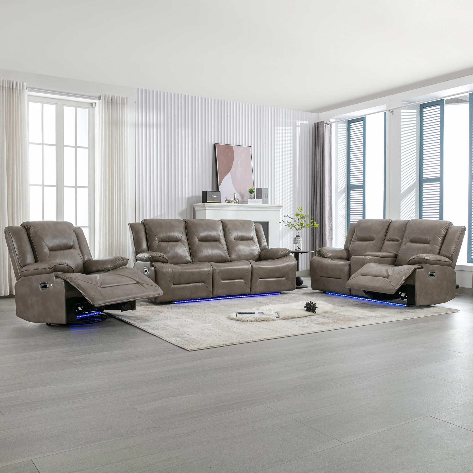 Wholesale Home Theater Recliner Sofa Set Manual 3+2+1 Recliner Chair with a LED Light Strip for Living Room Bedroom