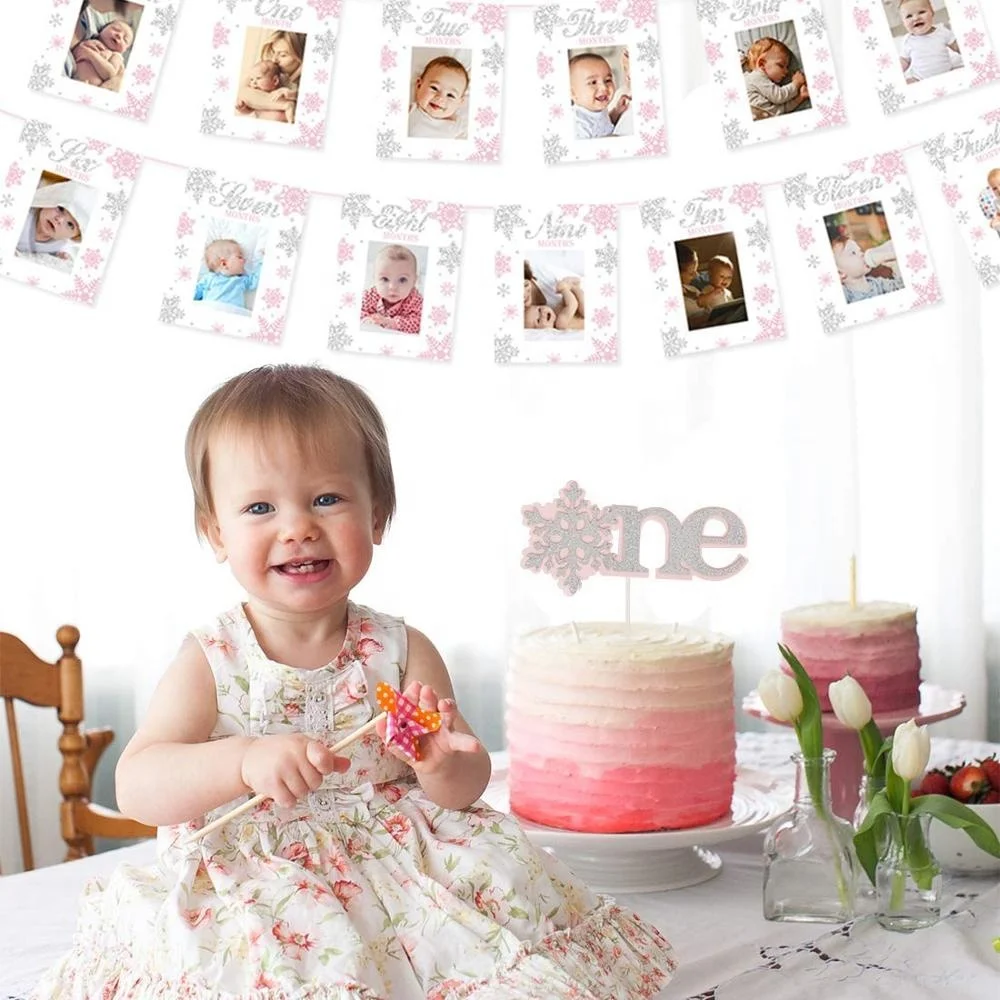 Winter Onederland Balloons 1st Birthday Decorations Pink First Birthday Party Supplies Snowflake Photo Banner Onderland Bannar