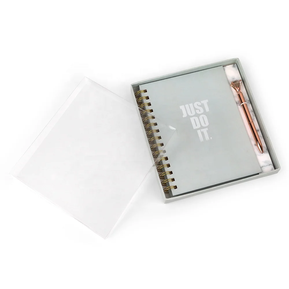 Wholesale High Quality Paper Logo Printed Note Book Stationary Green Spiral Coil Positivity Journal and Pen Set Notebooks