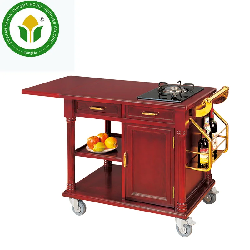 Popular removable 3-tiers cherry red wooden cooking trolley for hotel
