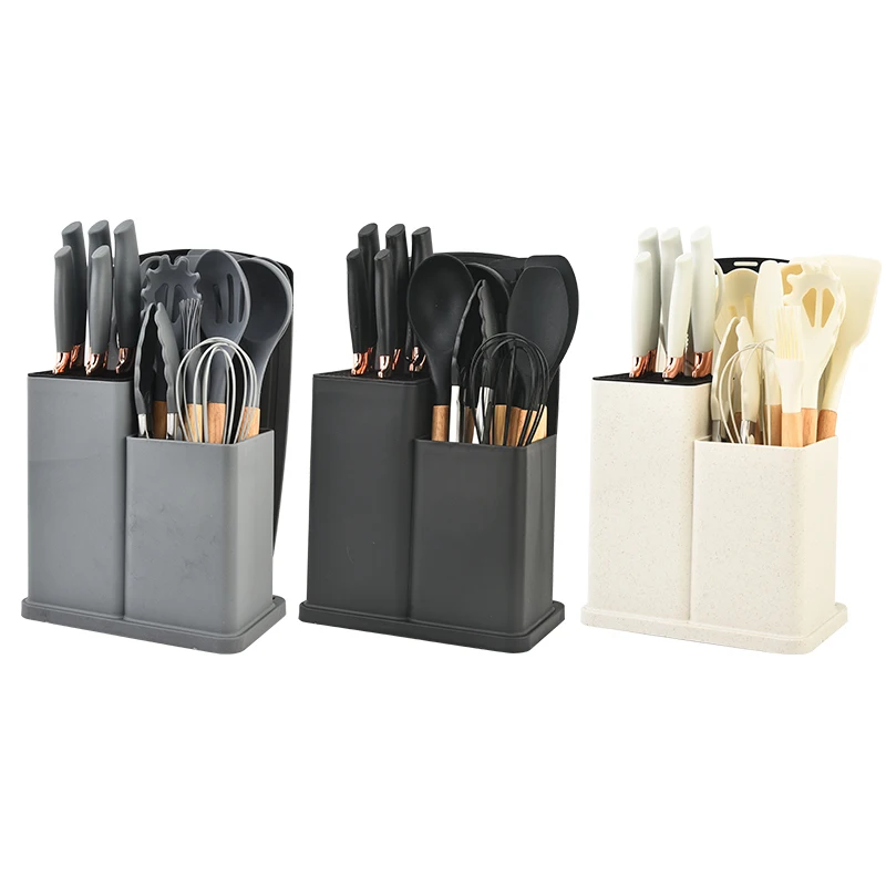 Home and kitchen 19pcs wooden handle silicone kitchen tools set with cutting board and knives kitchen utensils set