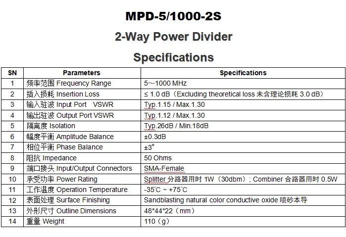 Small power low frequency 5 - 1000MHz 2 Way Wilkinson power divider fm antenna splitter