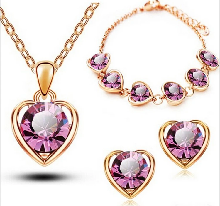 Simple heart necklace earrings bracelet three-piece element crystal fashion jewelry alloy diamond accessories