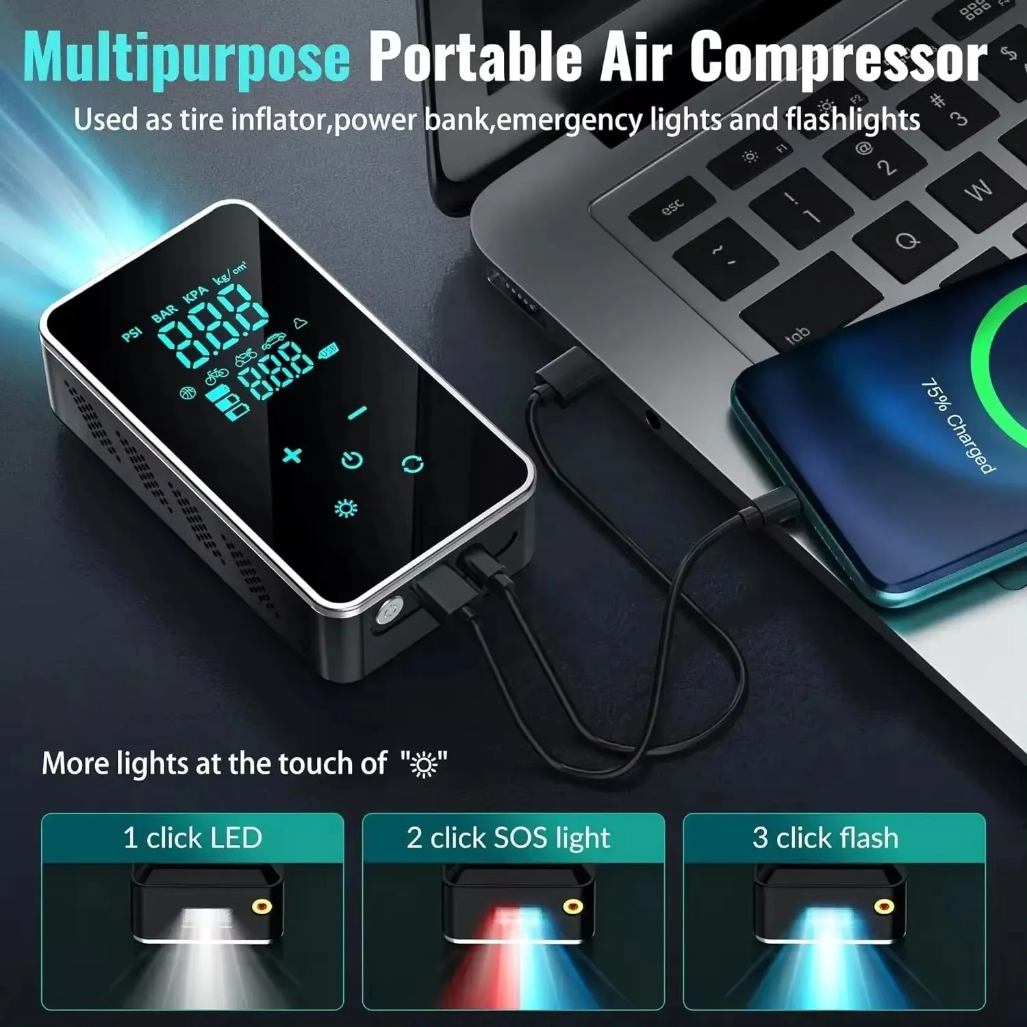 Touch screen Portable Car Air Pump 150PSI Portable Tire Pump Electric Digital Bike Car Tire Inflator Digital Inflation Pump