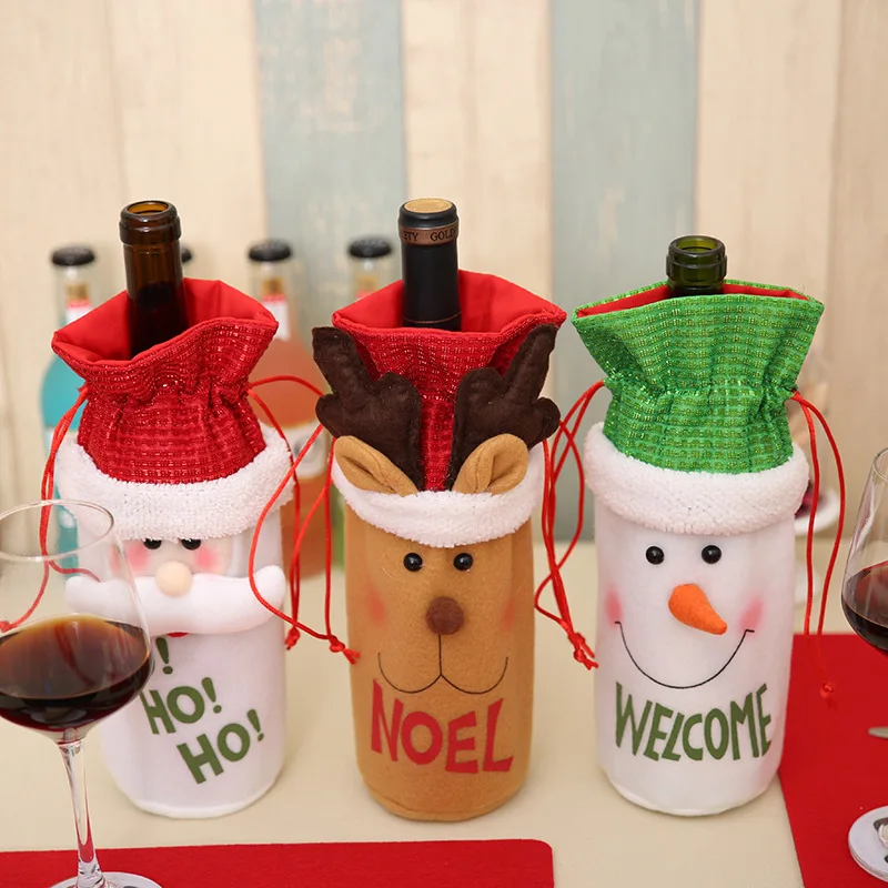 New Design Xmas Snowman Wine Bottle Cover Bags with Drawstring for Christmas Party