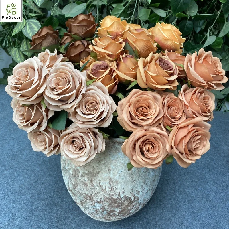 High Quality Multi Color 9 Heads Artificial  Dusty Rose Silk Rose Flowers Bunch Bouquet Burut Orange Wedding Decoration