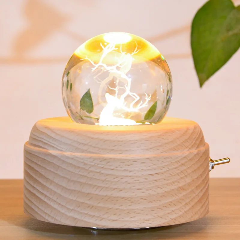 Music Box Diy Luminous Wood Base Crafts Solid Wood Luminous Crystal Ball Rotating Music Box Nightlight Base