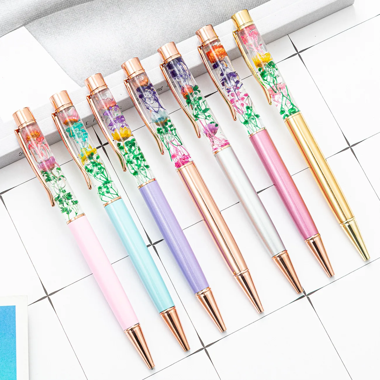 Promotional Gift Stationery Set  Ballpoint Pens  liquid Full Flower Design Pen Custom With Logo Metal Roller Gel Pen