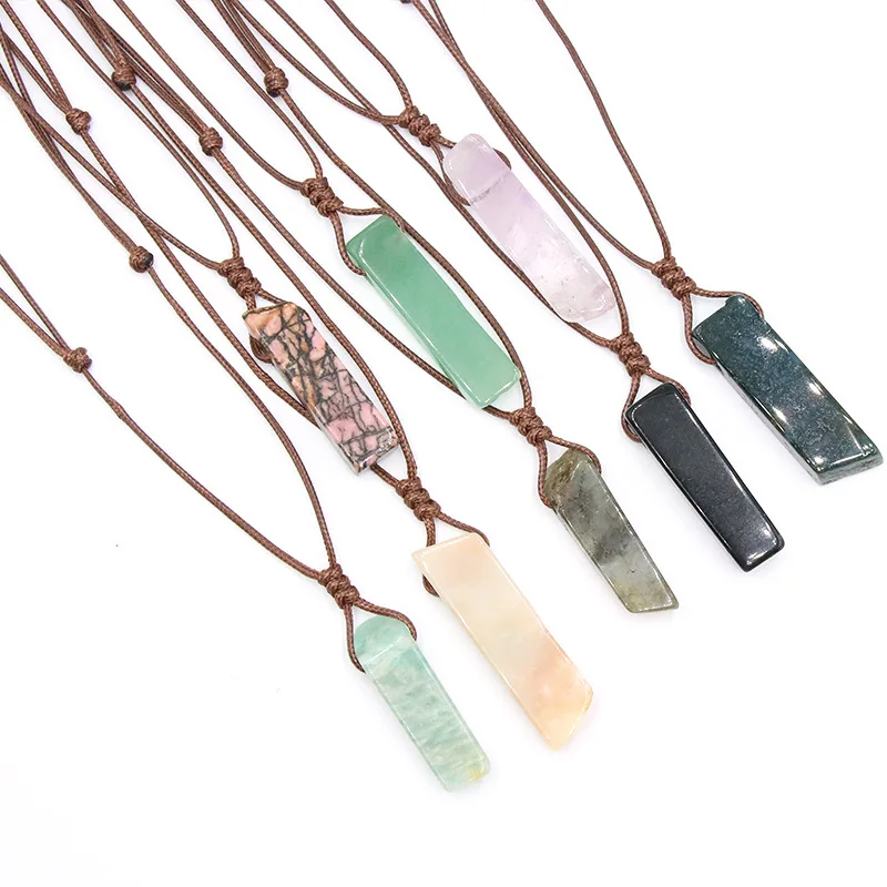 Fashion Natural Stone Crystal Quartz Irregular Chips Pendant Necklace With Adjustable Brown Rope For Women And Men