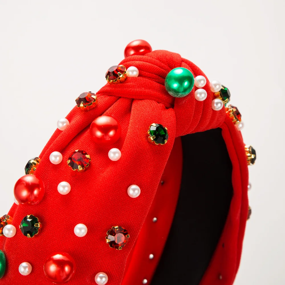 European American Christmas Pearl Headband Red And Green Diamond Hairband Female Simple Fashion Hair Accessories