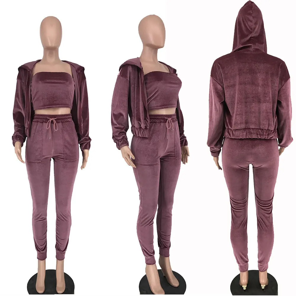 Women Clothes Sexy Cardigan And Long Pants 3 Piece Set Velvet Hoodies Sweatsuit Jogging Suits Winter Outfits For Women