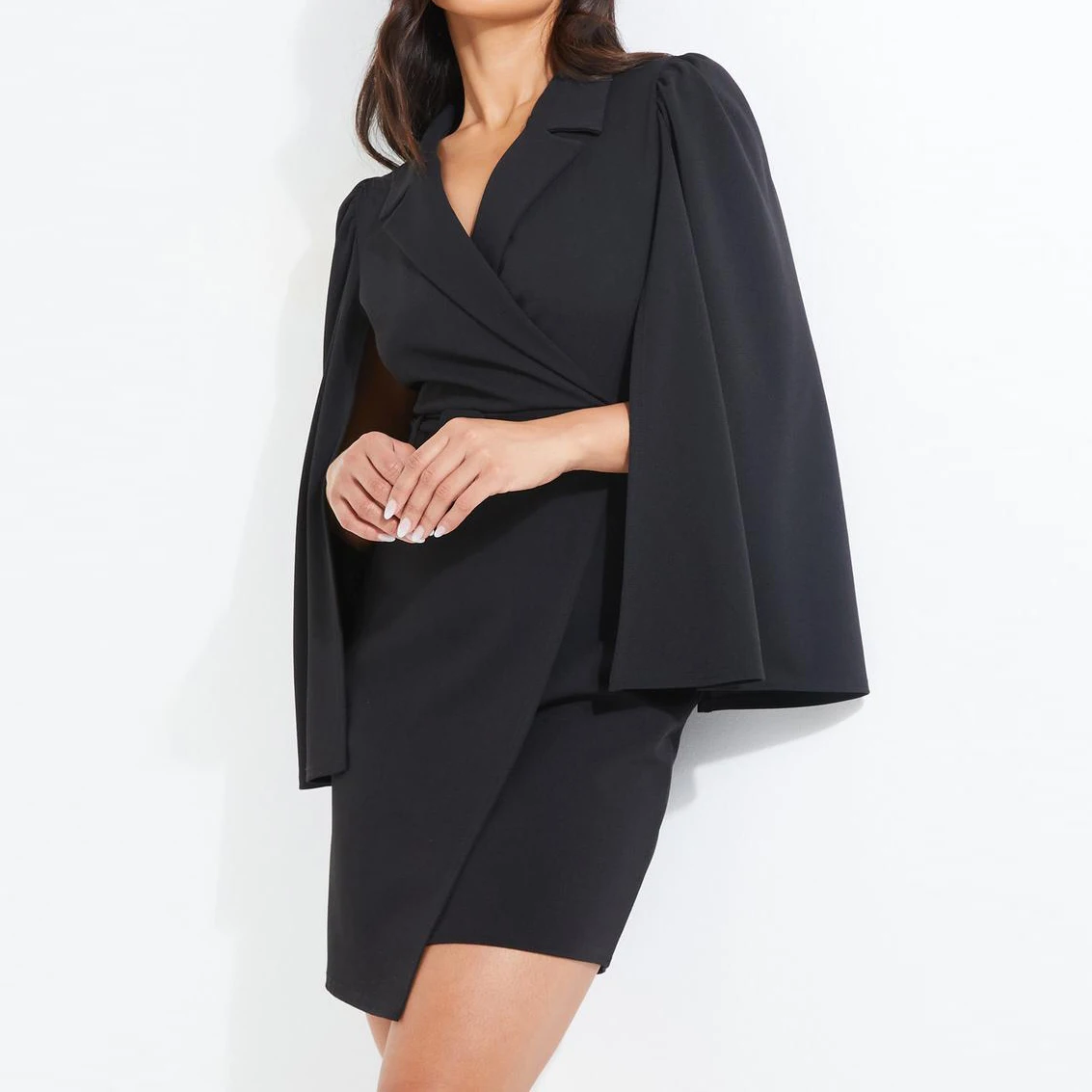 plus size black cape sleeve midi dress suits for ladies
