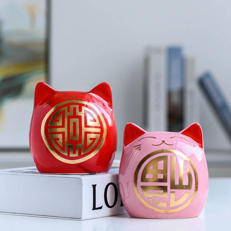 Custom animal cute lucky cat shape Red and pink ceramic piggy bank for home decor accessories