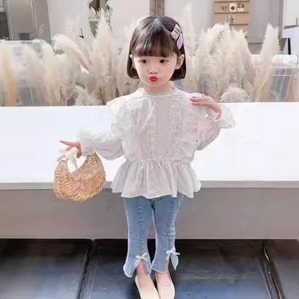 Осенний новый модный красный топ из двух частей с сетчатой сеткой для девочек плюс Джинсы Расклешенные брюки чистый роскошный дизайн