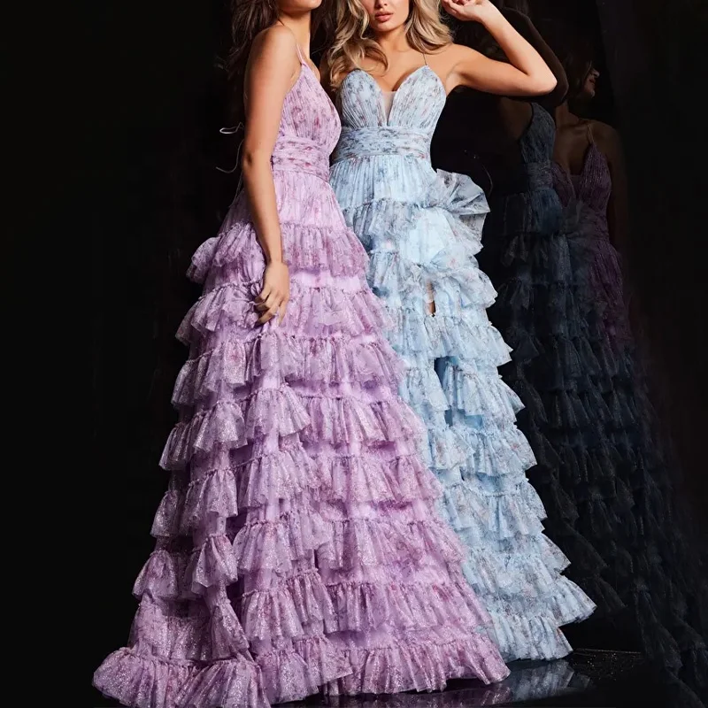 PD2413 fast custom prom dress manufacturer high slit spaghetti strap a-line pleated layered floral printed party dresses women
