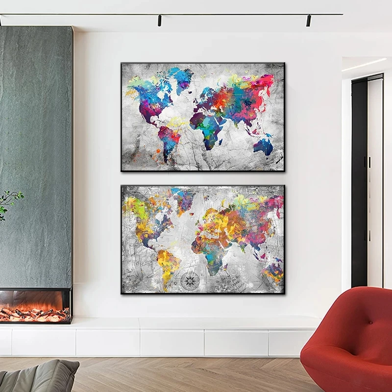 Abstract Colorful World Map Canvas Painting Wall Art Posters Home Decor Cuadros Custom Art Printing