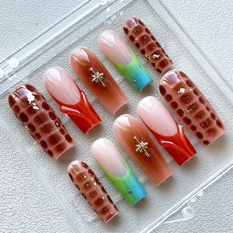 Bling Rhinestone Handmade False Custom Logo Red Acrylic Press On Nails Medium Length