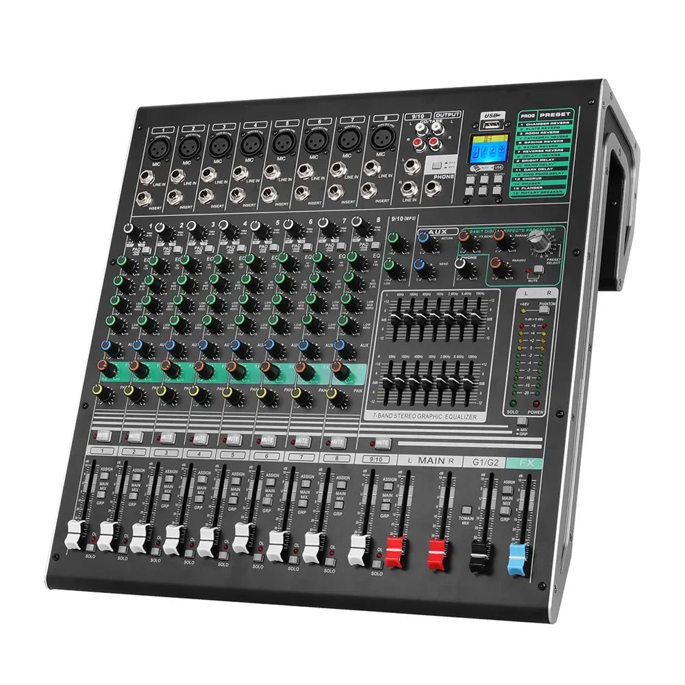 DX10C Hot Sale Professional 48 V Phantom Power Sound Card USB 10 Channel professional audio mixer for Stage Performance
