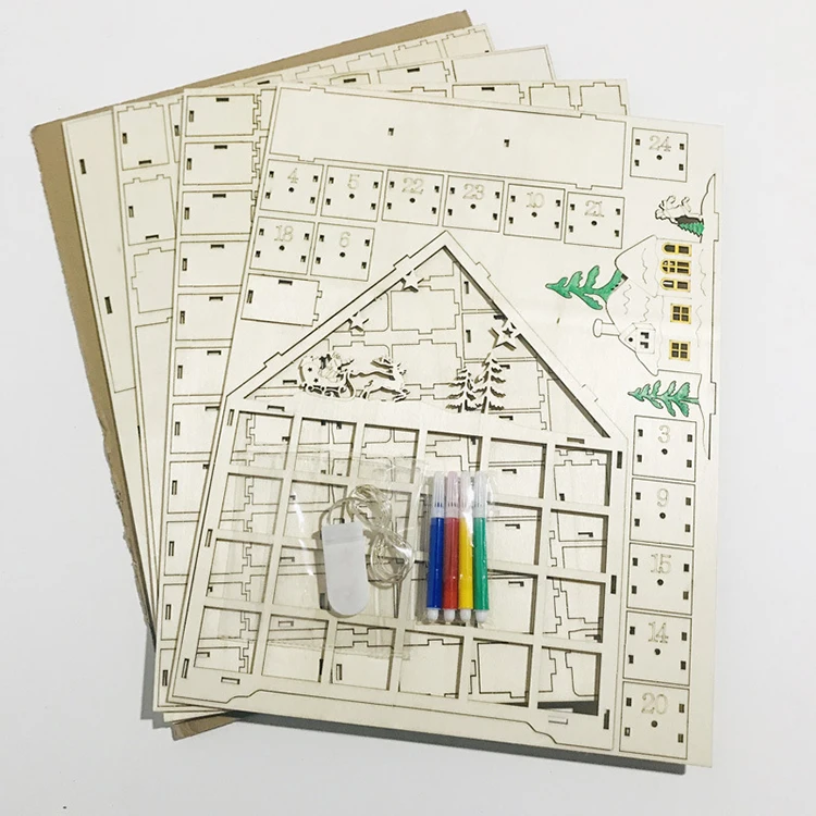 2025 New Trend 24 Drawers Christmas Advent Calendar Led Light wooden laser cut Count Advent Calendar with Tree House Village