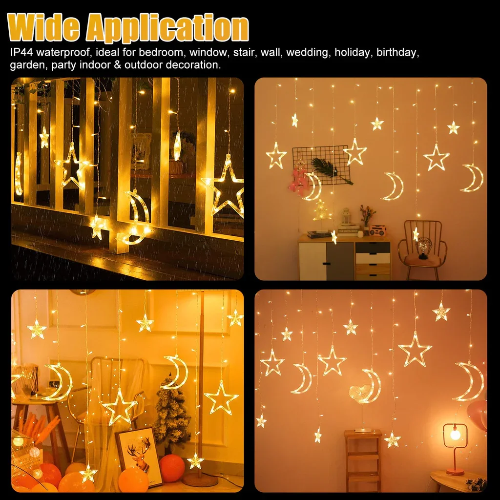 Moon Star Curtain Window Wedding Decorate String Lights Eid Mubarak Ramadan Diwali Holiday Lighting Twinkle Copper NEW YEAR Lamp