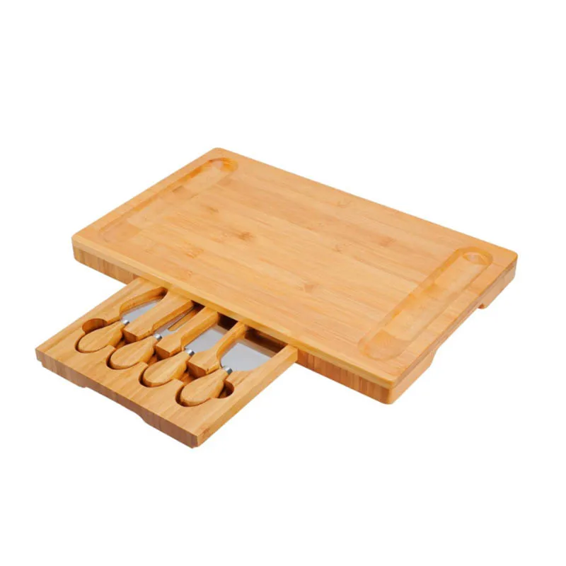 Bamboo Cheese Cutting Board Food Serving Tray Set Rectangle Shape Slide Draw Stainless Steel Cheese Knives Bamboo Snack Tray Set