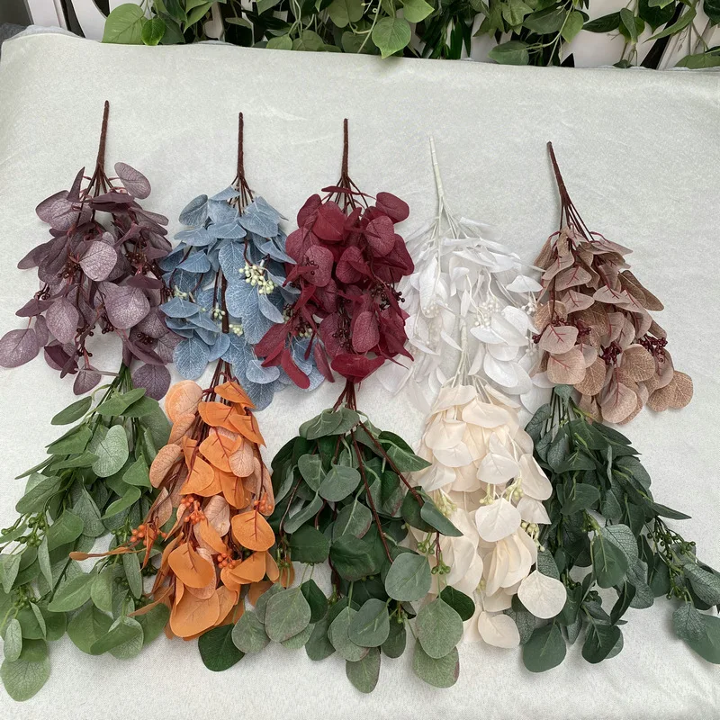 YOPIN-2000 White Eucalyptus Leaf 9 Branches Artificial Eucalyptus Apple Leaves Bunch