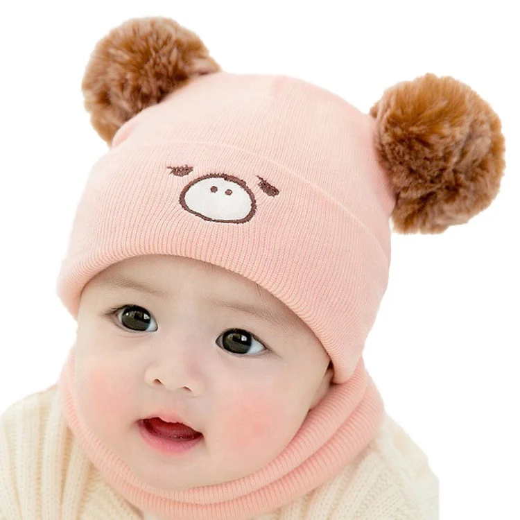 Милая вязаная детская шапка бини с двумя пушистыми шариками зимняя теплая шапка и шарф Детские шапки бини