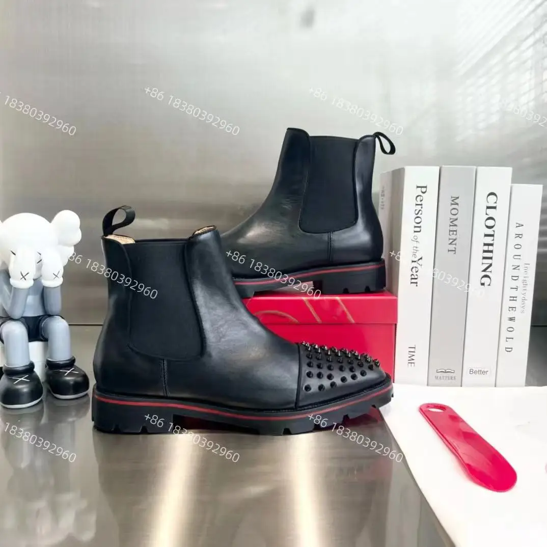 Top Quality Red Bottom Genuine Leather Designer Motorcycle Winter Ankle Boots For Men Studded Original Adult Hiking Boots