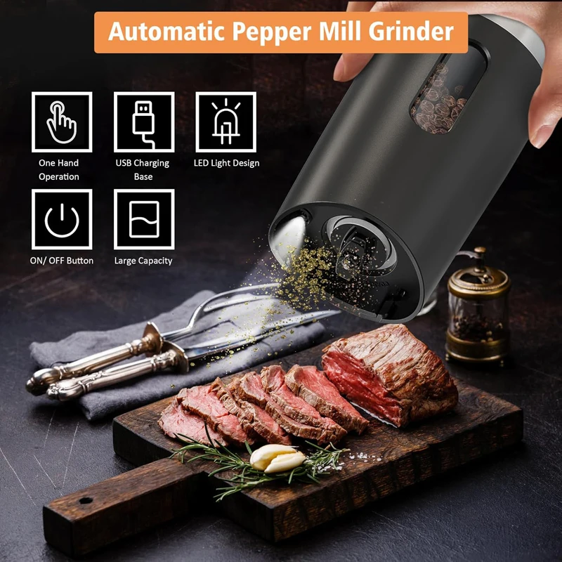 Unit-Charging Gravity Automatic Pepper Mill Electric Salt and Pepper Grinder Set with USB Rechargeable Charging Base LED Light