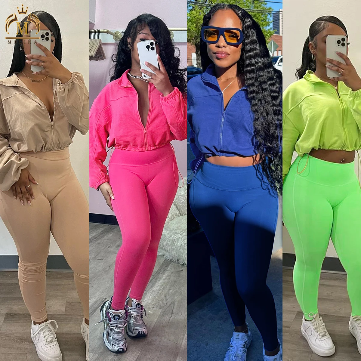 Spring Fall Women Sport Wear Zipper Draw string Crop Top Gym Leggings Fitness Workout Two Pieces Jogger Set For Women Clothing