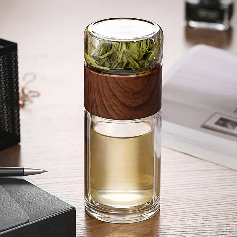 Ready To Ship Double Walled Glass Heat-resistant Bamboo Band Glass Water Bottle With Tea Infuser