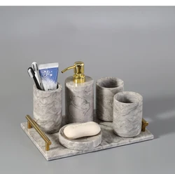 Home hotel 5 pieces ceramics marble bathroom accessory set soap dish toothbrush holder dispenser tumble bathroom shower set