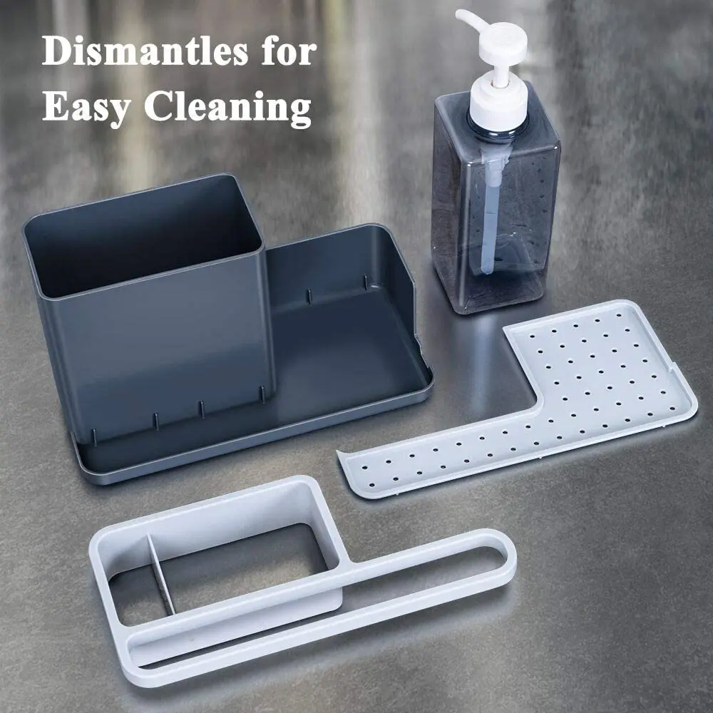 Kitchen Sink Plastic Caddy Organizer with a Hand Soap Dispenser Sponger Brush Holder