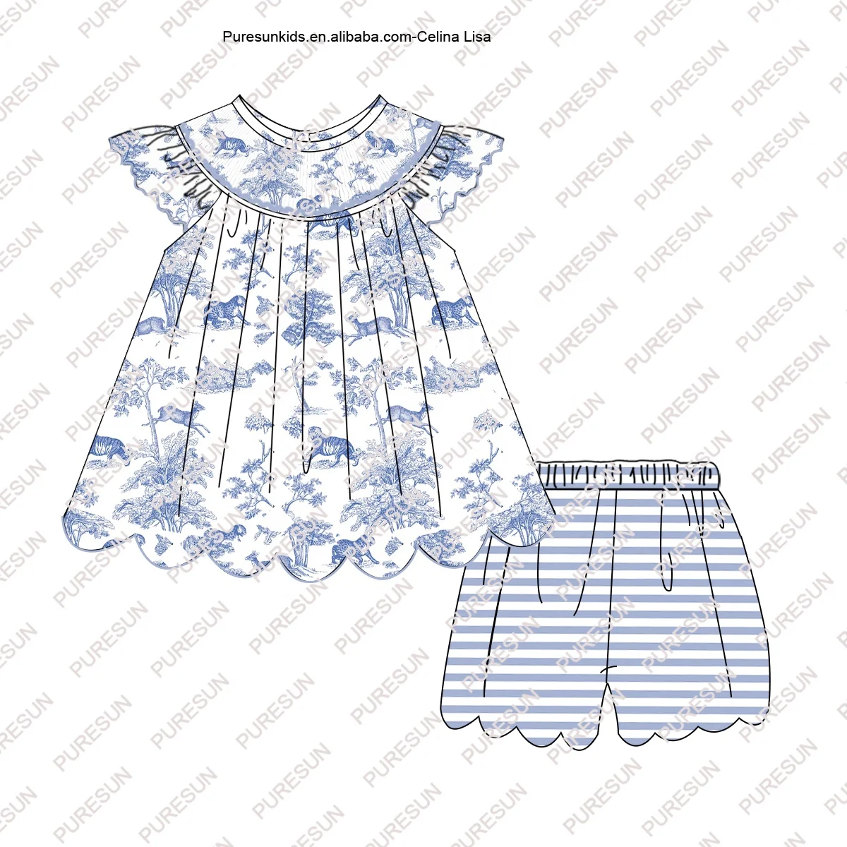 Puresun custom kids clothes animals tiger toile girls smock bishop romper newborn baby girl flutter sleeves bubble rompers