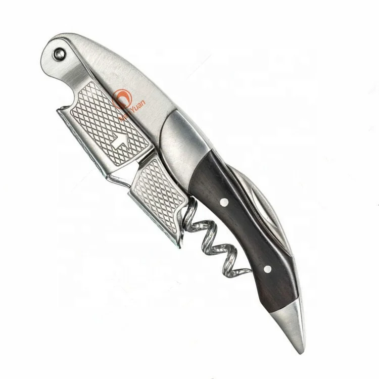 Multi-Functional Double Hinged Wine Waiter Opener Stainless Steel Corkscrew For Ebony Wood Customizable Logo