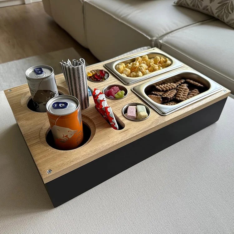 Wood Couch Snack Caddy Tray Stainless Steel Bowls Dip Cups, Sofa Dispenser Sofa Snack Tray with Drink Holders