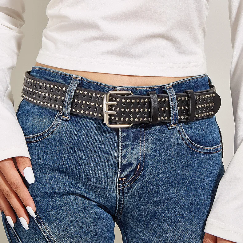 Fashion Star Holes Metal Rivet Belts Retro Punk Studded Black Leather Belts For Jeans