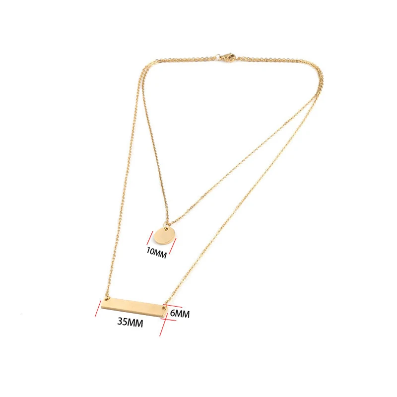 2021 Fashion Jewelry Double Layer Gold Personalized Stainless Steel Blank Bar Disc Charm Necklace