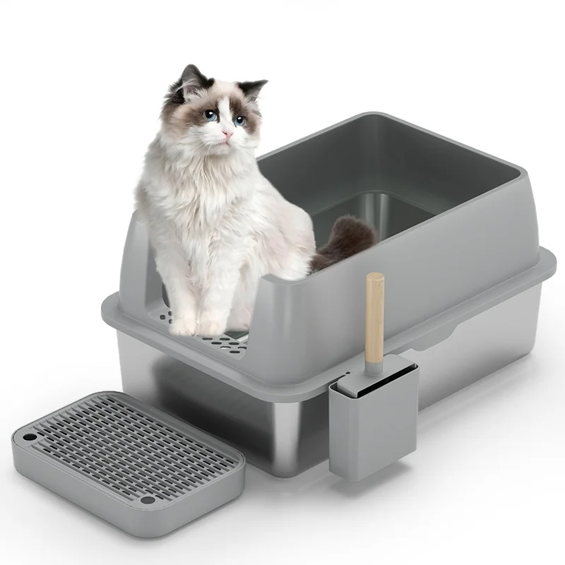 Large Capacity Grey Cheap Portable Manual Cleaning Stainless Steel Cat Litter Box Pet Toilet Furniture