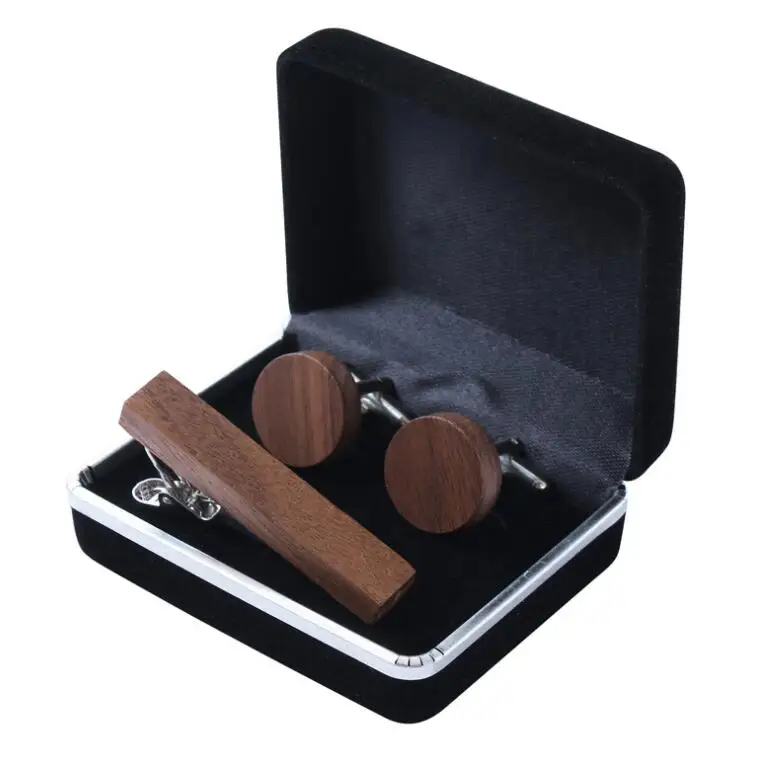 Custom personalized natural tie clips and round wood cufflinks for men shirts