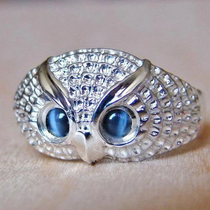 Huitan Adorable Cute Blue Eye Owl Rings Unisex Wholesale Manufacturer Ring 925 Silver Plated Fashion Animal Rings