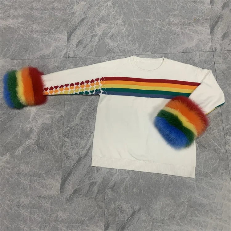 Spring fashion girls lovely real fur sweater custom rainbow color cuff designer popular women sweater