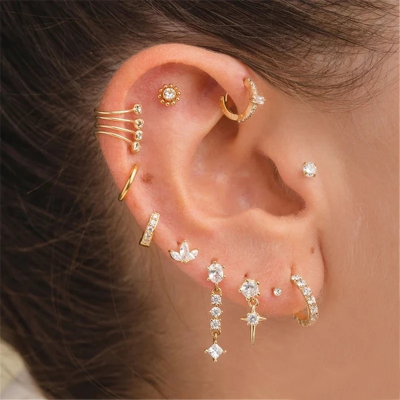 S925 Sterling Silver Personality Zircon Flower Flat Head Ear Bone Nails Piercing Cartilage Single Earrings