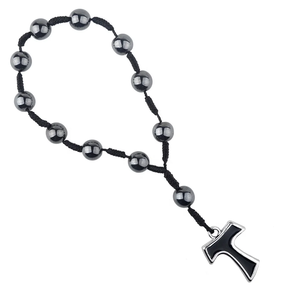 Black Hematite Round Bead Alloy Tau Cross Bracelet 11-Pieces Fashion Beaded Jewelry For Men