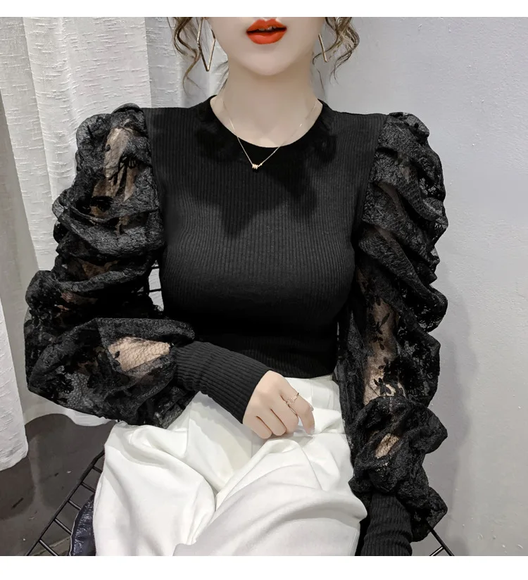 2021 New Design Fall Lace Puff Sleeve Slim Tops For Women Long Sleeve Ladies Blouses