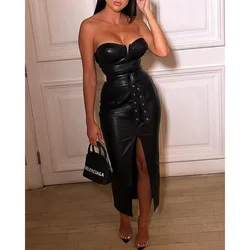 Backless pu leather dress women top split black tight evening dress Sexy night outfit club bottom cut bodycon belted dresses ves