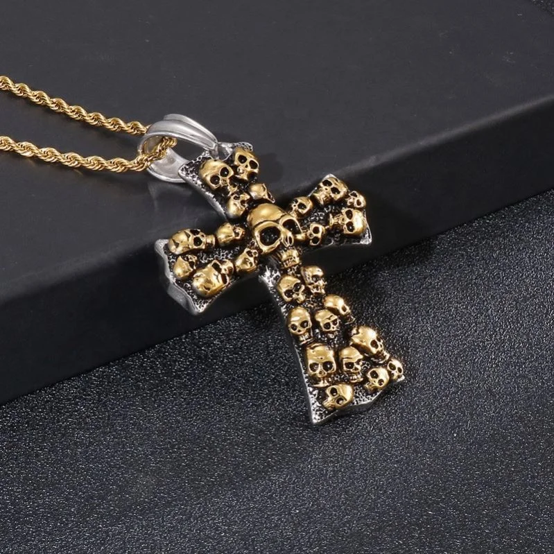 Halloween Cross Pendant Long Chain Necklace Cross Skulls Necklace Punk Jewelry Stainless Steel Cross Pendant Necklace for Men