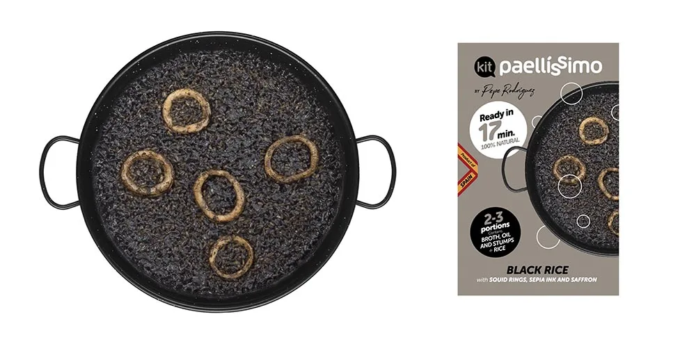 Spain Paella Rice. Prepared semi-finished. Healthy ready to eat meal canned. Seafood paella black rice. Heating instant food