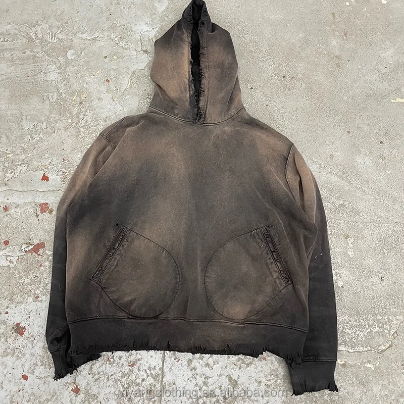 Custom Streetwear Drop Shoulder French Terry Heavyweight Cotton Sun Faded Vintage Distressed Acid Wash Hoodie Men